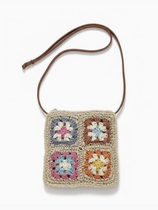 Handbags - Crochet Flower Patch Mini Crossbody Bag 8 x 7.5 beige